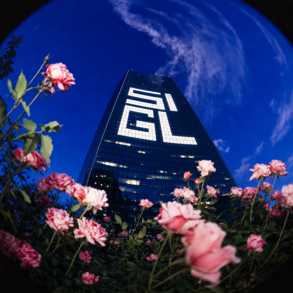 A tower carrying the Sigil mark against a deep blue evening sky